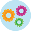 Three multicolored rotating cogs of various sizes.