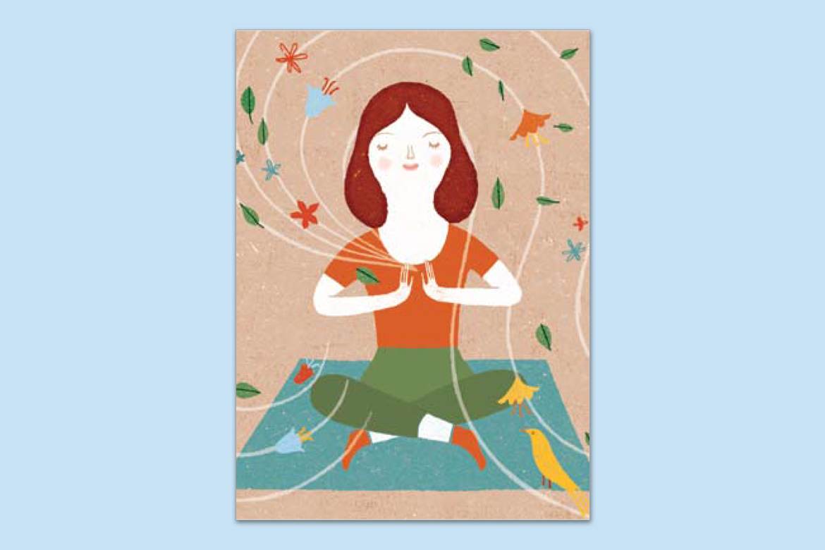 Illustration of a woman sitting in a meditative state with flowers and leaves circling around here, included is a yellow bird