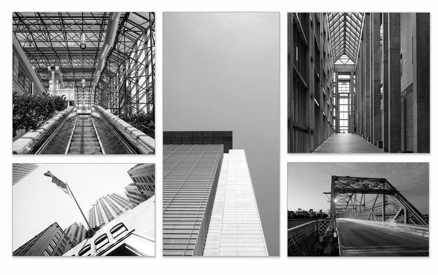 Five photographs in black and white, an escalator,looking at front of building with a flag, side of building, a bridge and hallway