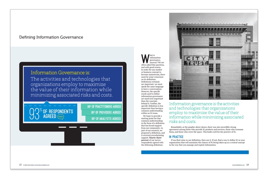 Illustration of a computer monitor showing data in blue and green blocks, next to it text with building shown in in black and white