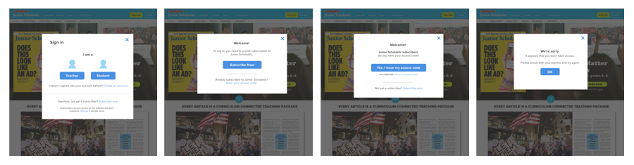 Login modal design shown on multiple screens to show the process of gaining access to the website.