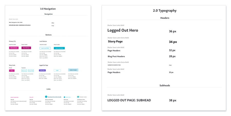 Example of guidelines include navigation buttons, sizes, colors and typography.