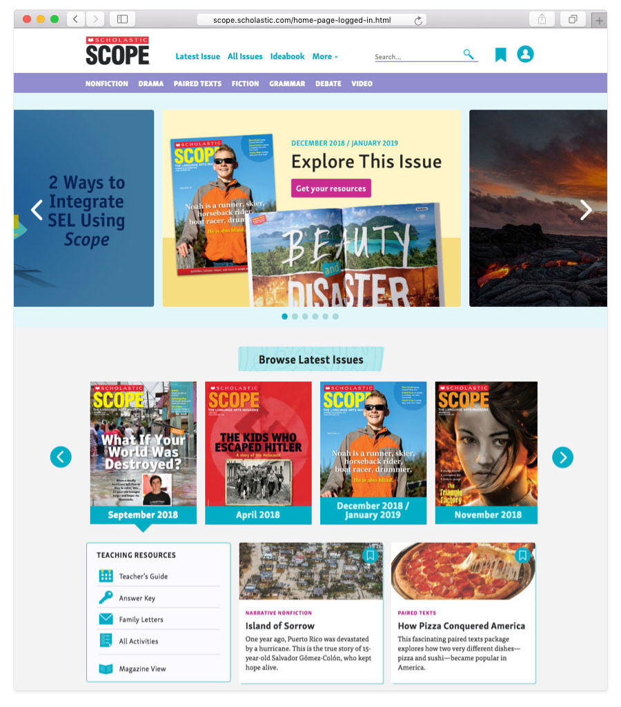 Homepage showing the recent four issues of Scope magazine. Carousel slider that highlights content from the issue. Teacher resources that link to articles. 