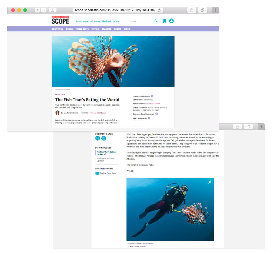 Website showing lion fish with mouth opened in blue sea. Text title The Fish That's Eating the World, bookmark and share icons along left side. Scuba Diver on page.
