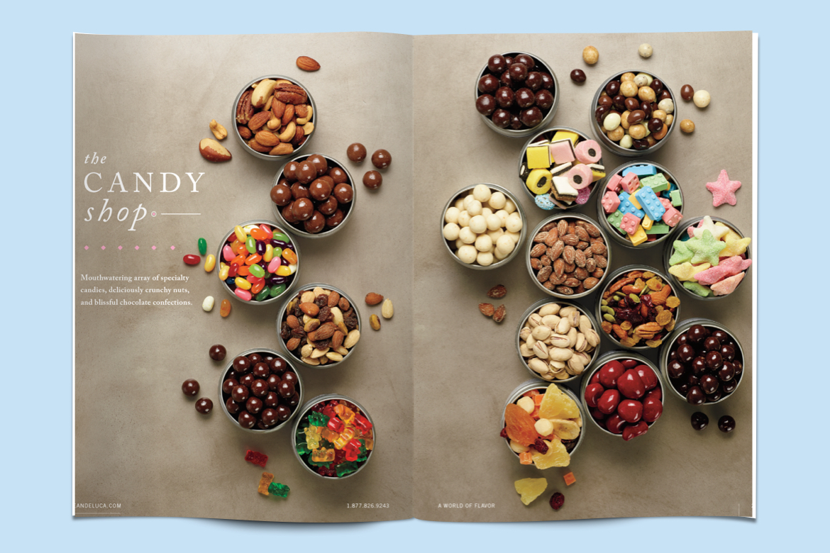 Magazine spread of 18 circular tins filled with colorful candies including gummy bears, chocolates and dried fruits.
