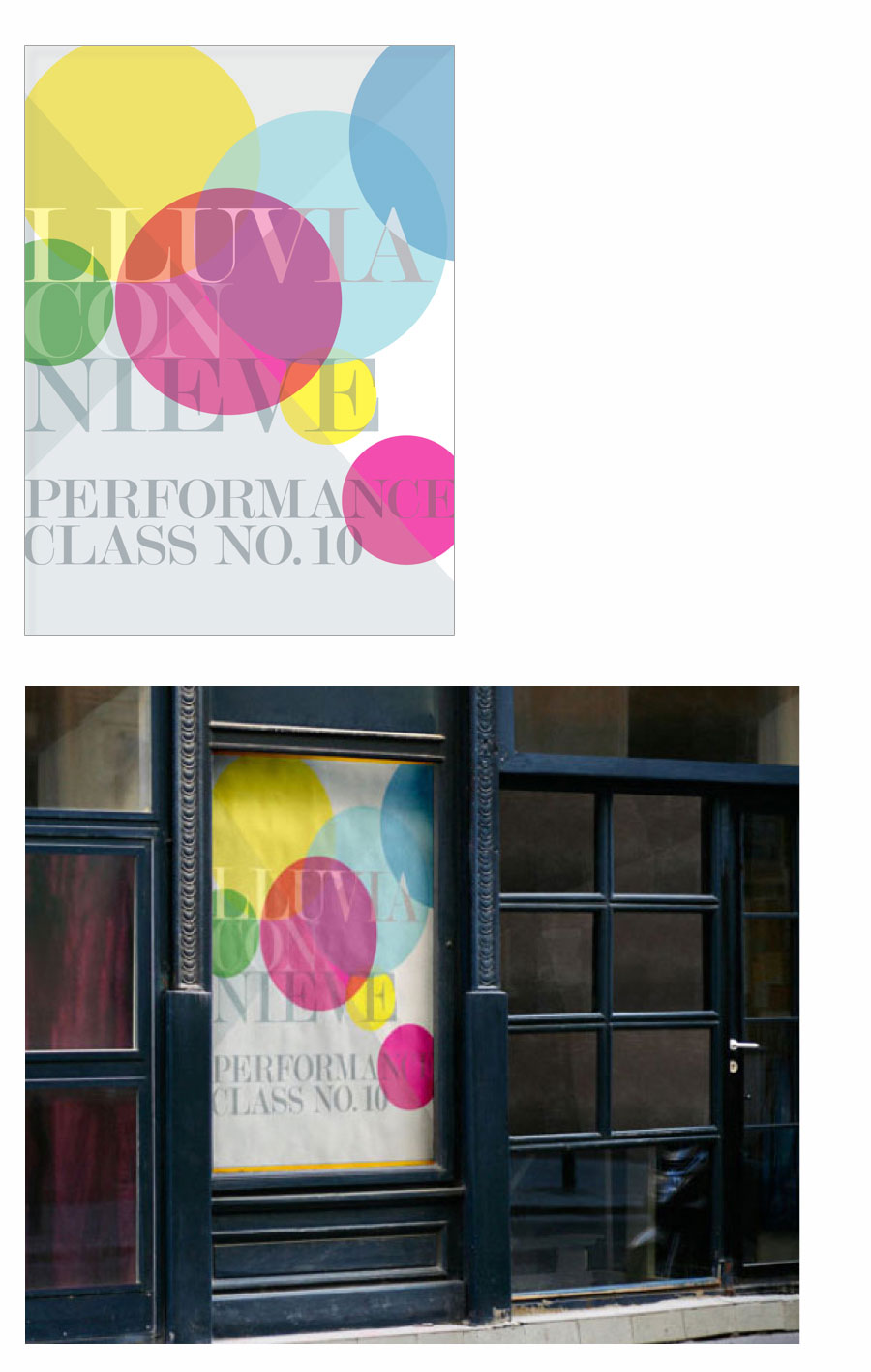 Poster that with abstract colors and type for a dance performance. Poster shown again in context of a display case on the outside of a building.