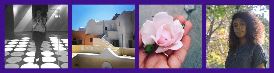 Series of 4 images, woman shown in black and white, architecture from Greece, flower in hand, woman standing in nature smiling.