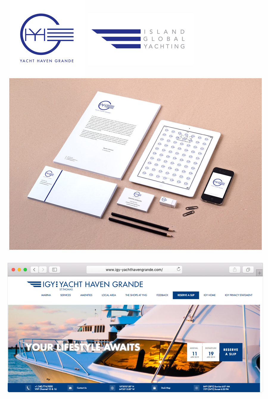 Logo designs for two yachting companies, shown in application to full stationery mock up, iPhone, iPad, and website frame.