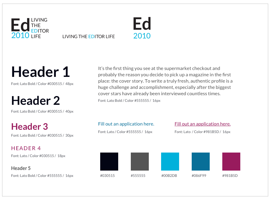 Style guide that identifies various font sizes and colors.